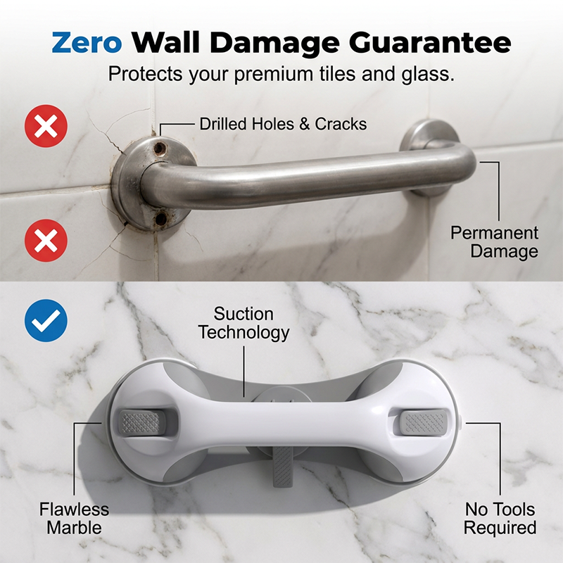 Arenzza drill-free suction cup grab bar for houseware and kitchen, shown attached to a bathroom wall for secure support.