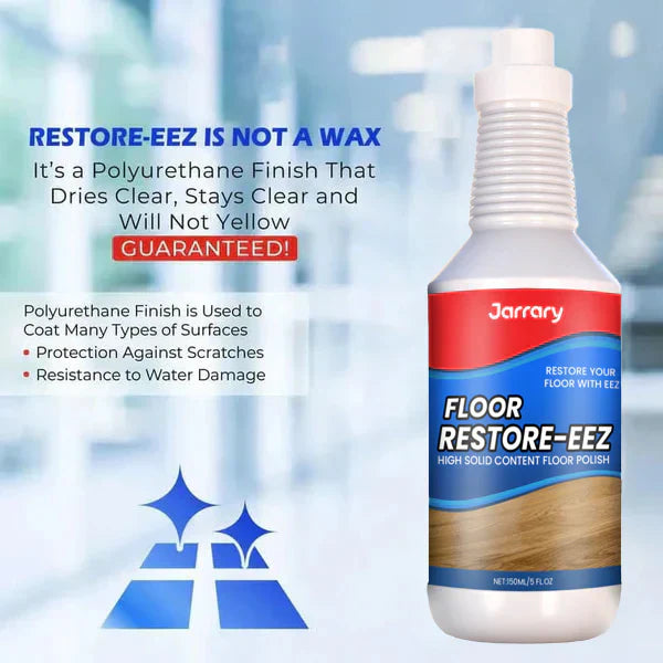Arenzza invisible floor shield bottle for high-gloss finish, houseware and kitchen product, shown with reflective, shiny floor surface.