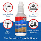 Arenzza invisible floor shield bottle showing high-gloss finish for durable, shiny floors in a kitchen setting.