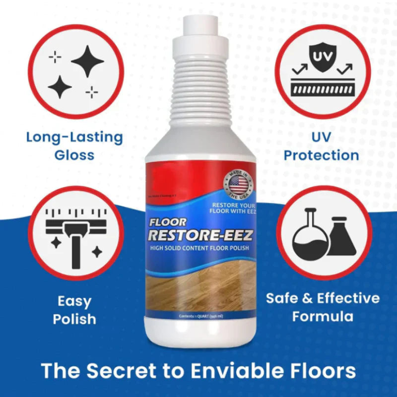 Arenzza invisible floor shield bottle showing high-gloss finish for durable, shiny floors in a kitchen setting.