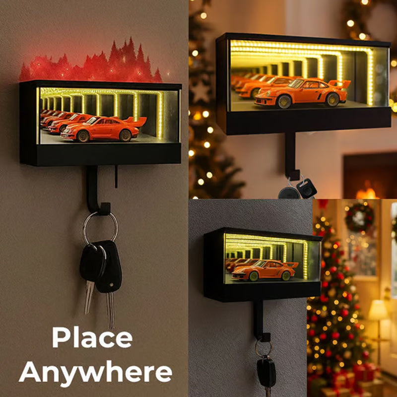 Arenzza Infinity Mirror LED Garage Key Holder with modern design, featuring LED lighting and multiple hooks for key organization.
