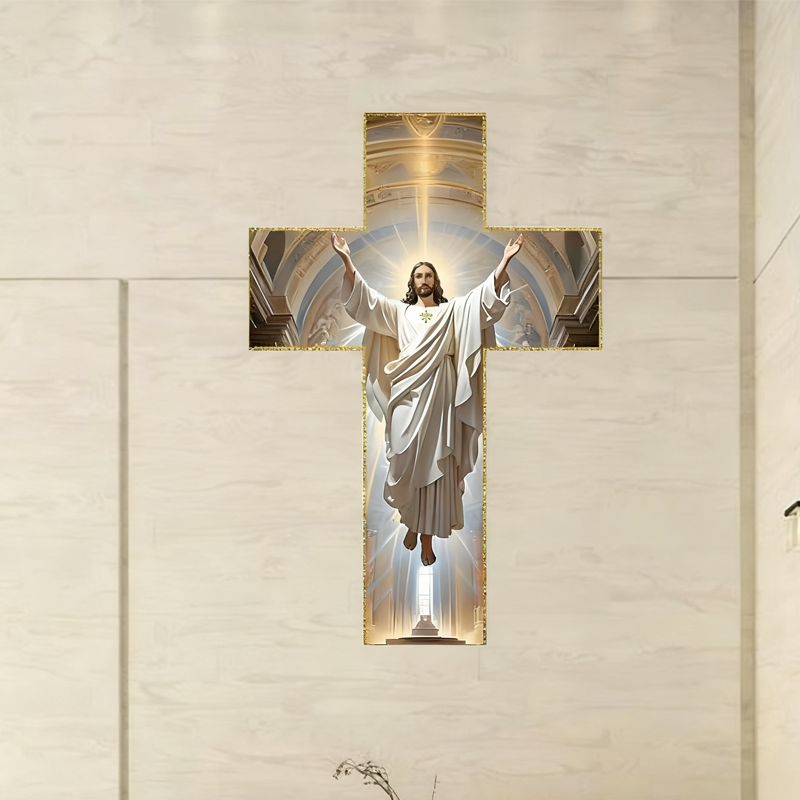 Arenzza Retro Jesus Christ Wall Cross Decor in a houseware setting, featuring a wooden design with religious symbolism.