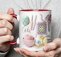 Arenzza Yarn Love mug featuring a colorful yarn and knitting design, perfect for crafters and creative enthusiasts.