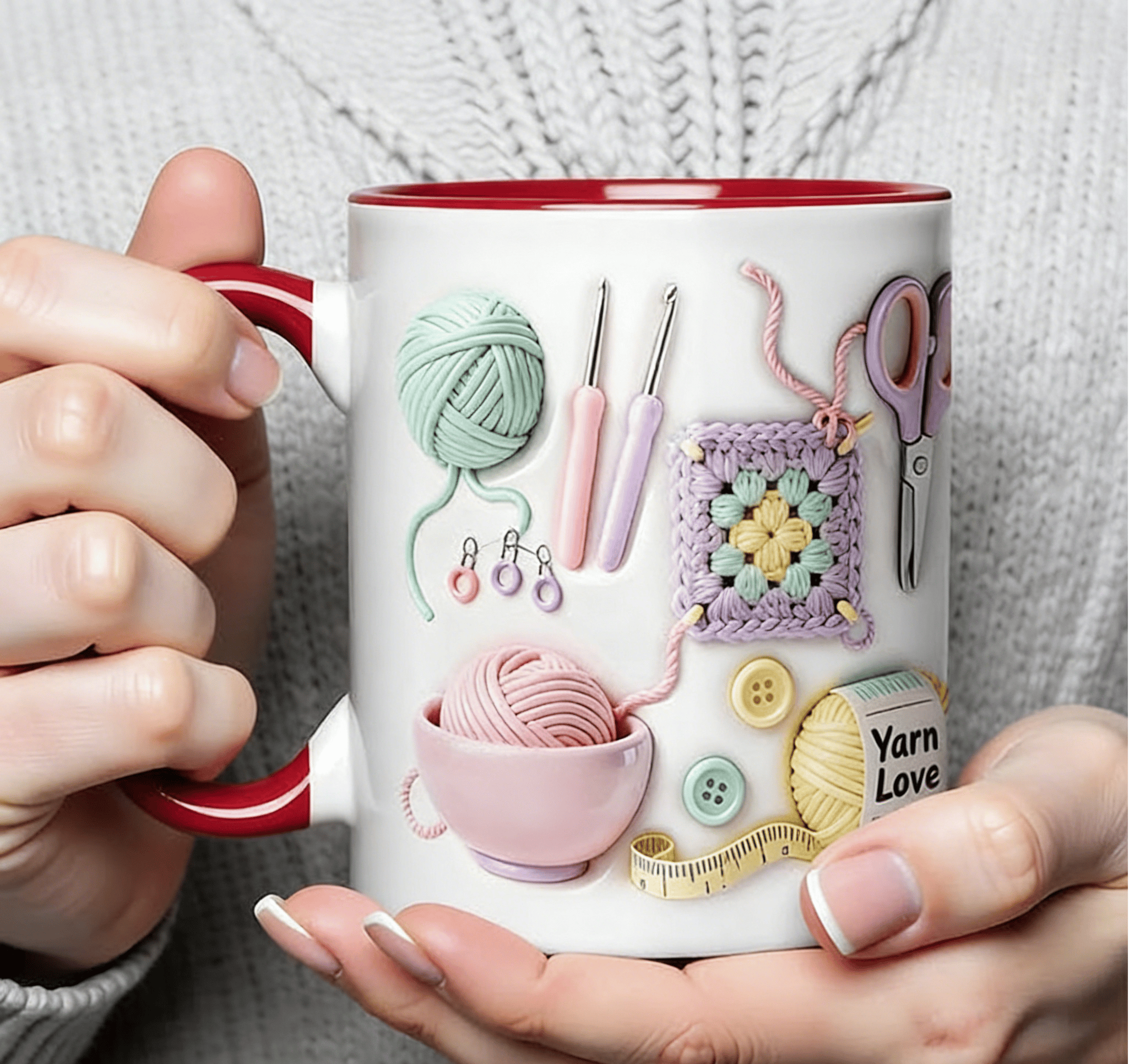 Arenzza Yarn Love mug featuring a colorful yarn and knitting design, perfect for crafters and creative enthusiasts.