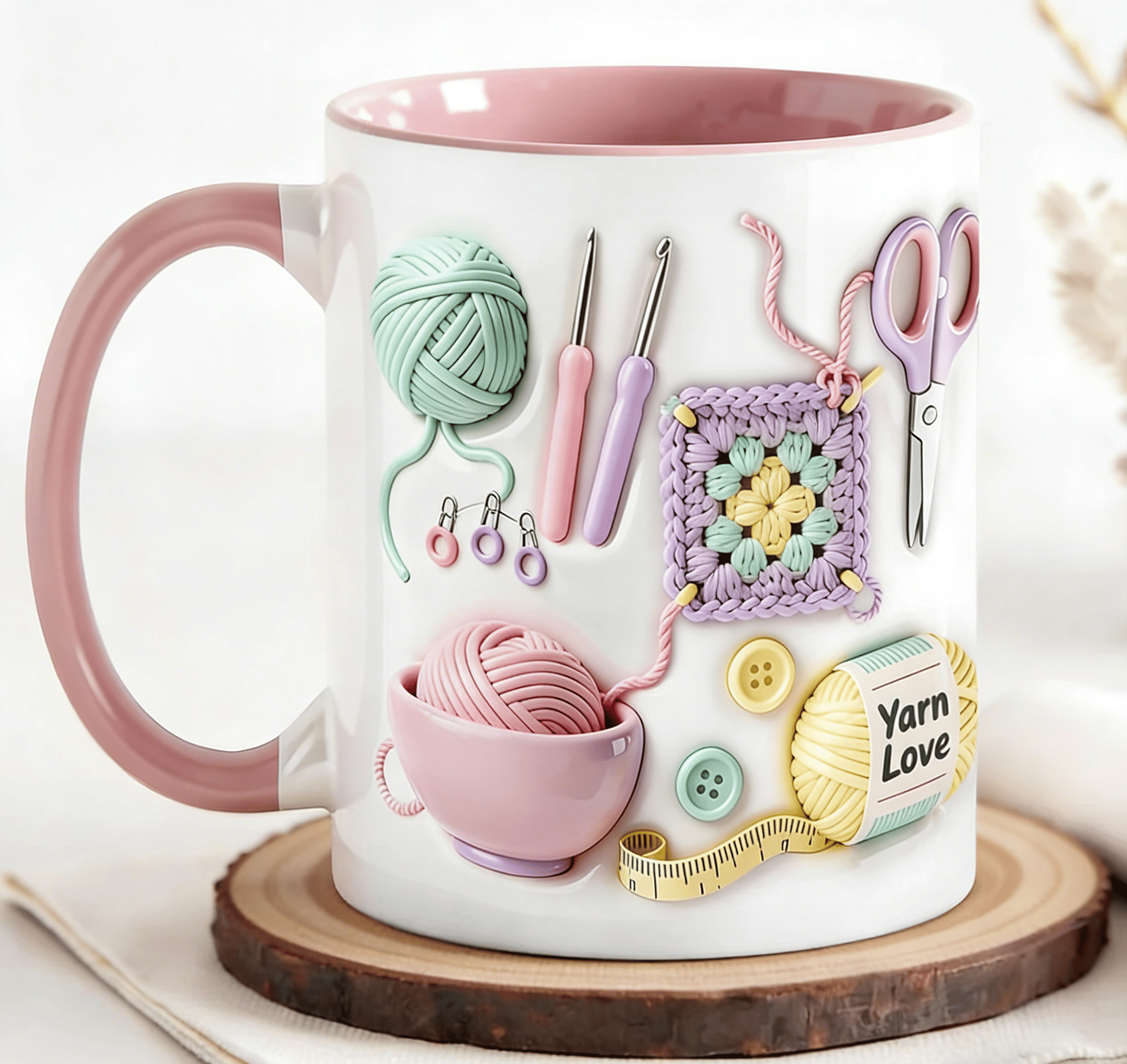 Arenzza Yarn Love mug featuring colorful yarn and knitting patterns, perfect for crafters and creative souls.