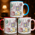 Acerzza Yarn Love Mug featuring colorful yarn and knitting patterns, perfect for crafters and creative enthusiasts.