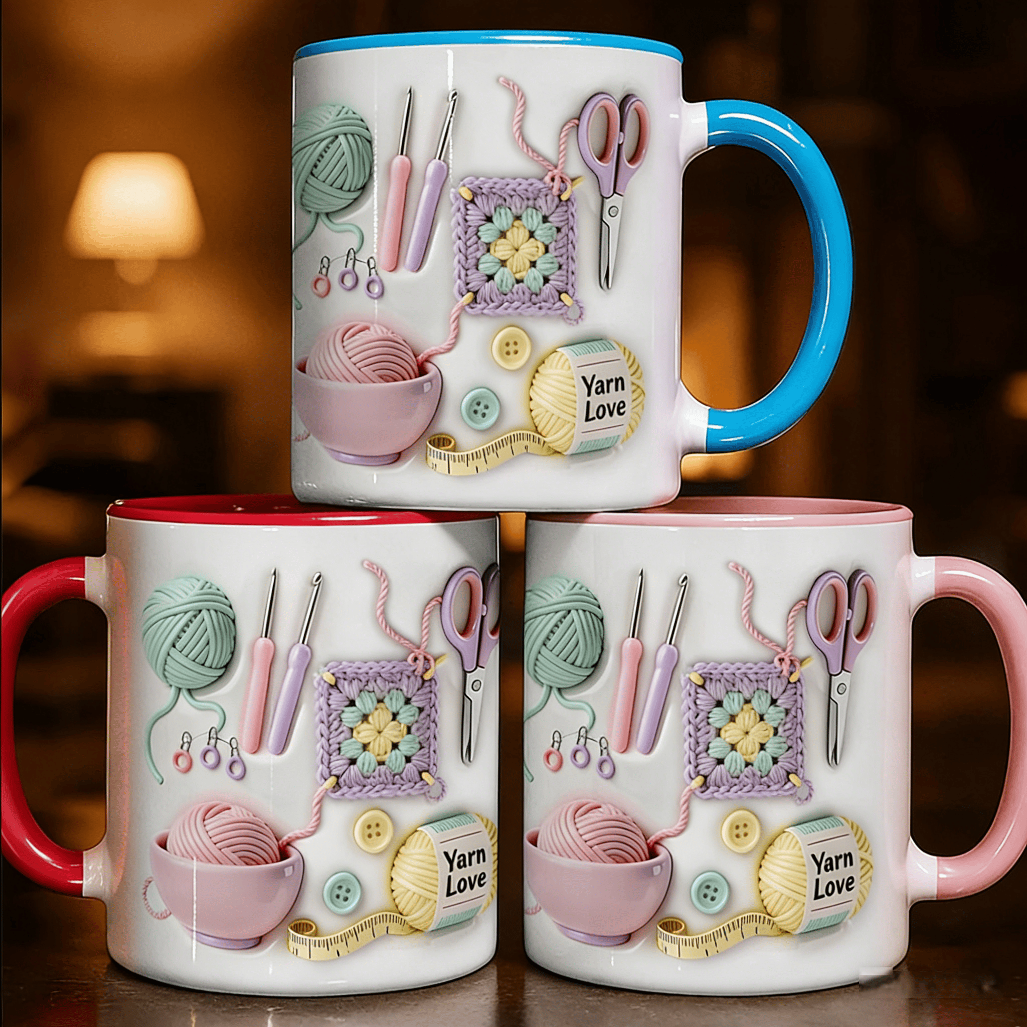 Acerzza Yarn Love Mug featuring colorful yarn and knitting patterns, perfect for crafters and creative enthusiasts.