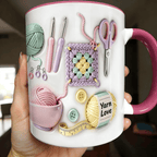 Arenzza Yarn Love mug with colorful yarn graphic, perfect for crafters and creative souls, made of ceramic houseware for the kitchen.