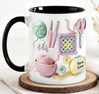 Arenzza Yarn Love mug featuring colorful yarn and knitting design, perfect for crafters and creative enthusiasts.