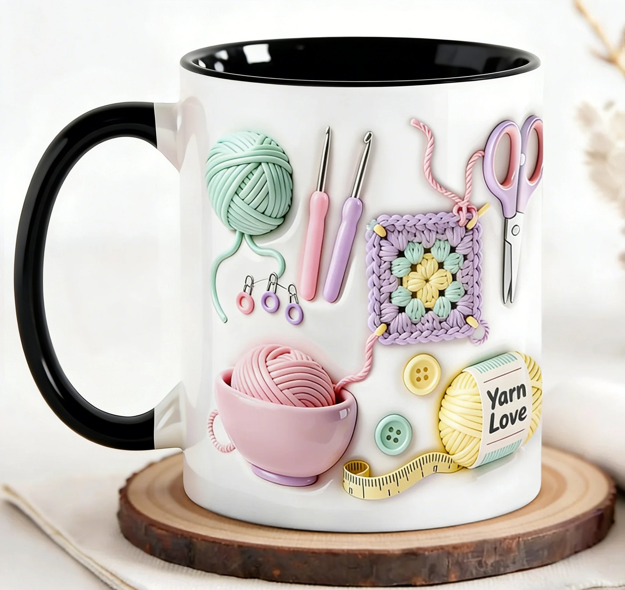 Arenzza Yarn Love mug featuring colorful yarn and knitting design, perfect for crafters and creative enthusiasts.