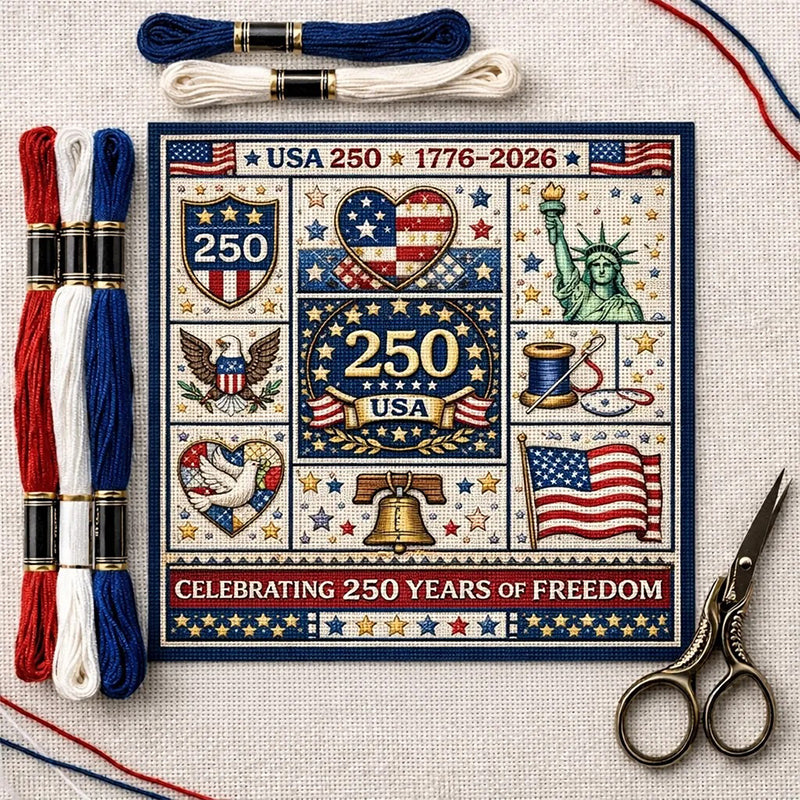Arenzza USA 250th Anniversary commemorative cross stitch kit, houseware and kitchen craft set with fabric and embroidery supplies.