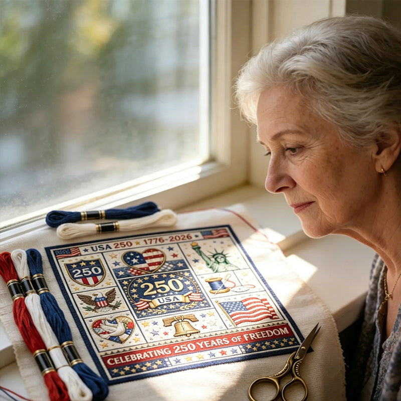 Arenzza USA 250th Anniversary cross stitch kit with houseware and kitchen-themed design, featuring colorful thread and fabric.