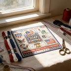 Arenzza USA 250th Anniversary cross stitch kit with colorful fabric and embroidery supplies for houseware and kitchen decor.