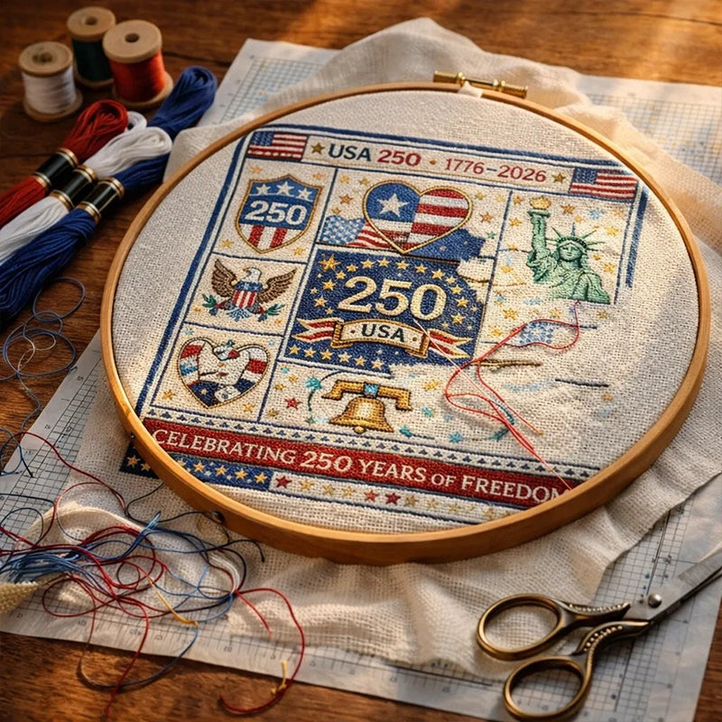 Arenzza USA 250th Anniversary cross stitch kit featuring houseware and kitchen decor with patriotic design and colorful stitching materials.