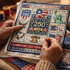 Aarenza USA 250th Anniversary cross stitch kit with colorful fabric and thread for houseware and kitchen decor projects.