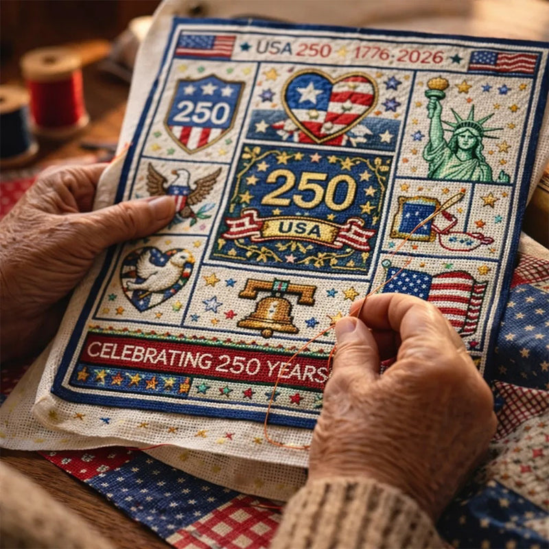Aarenza USA 250th Anniversary cross stitch kit with colorful fabric and thread for houseware and kitchen decor projects.