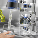 Arenzza faucet water purifier with adapters attached to a kitchen faucet, showcasing its compact design for clean drinking water.