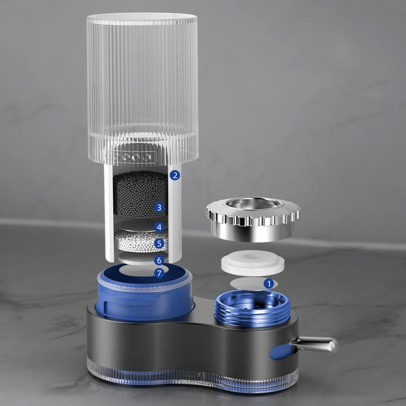 Arenzza faucet water purifier with adapters attached to a kitchen sink faucet, showcasing the compact water filtration device.