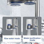 Arenzza faucet water purifier with adapters installed on kitchen faucet, clear view of the compact water filtration device