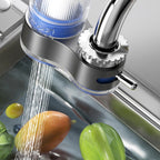 Arenzza faucet water purifier with adapters attached to a kitchen sink, showing the compact design and installation setup.