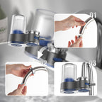 Arenzza faucet water purifier with adapters attached to a kitchen sink, showcasing its compact design for clean drinking water.