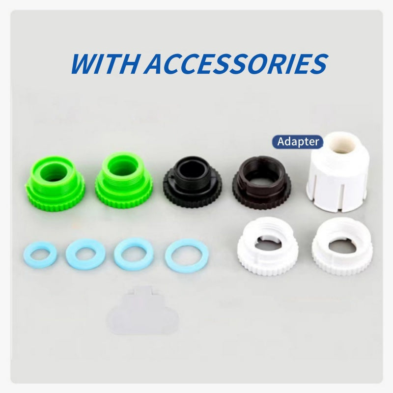 Arenzza faucet water purifier with adapters attached to a kitchen faucet, showcasing its compact design and installation setup.