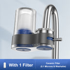 Arenzza faucet water purifier with adapters, installed on a kitchen sink faucet, providing clean drinking water.