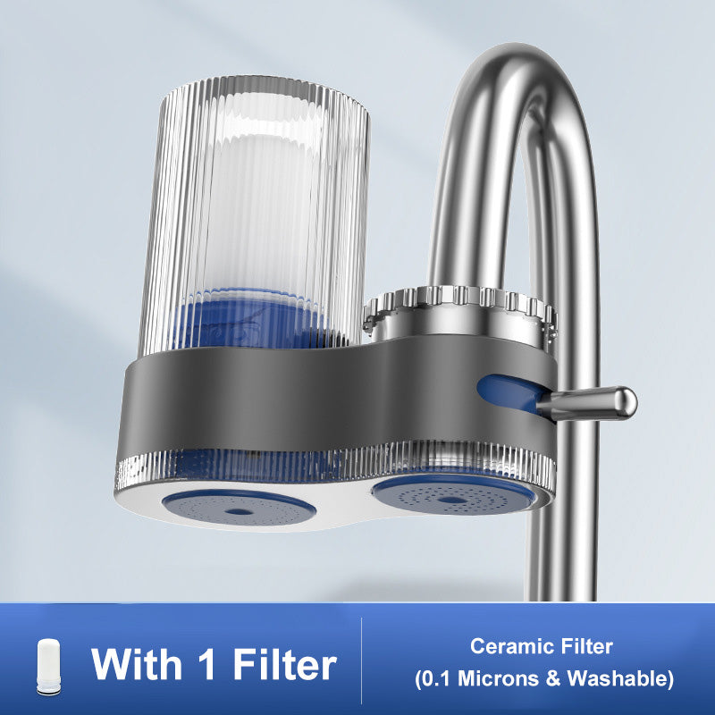 Arenzza faucet water purifier with adapters, installed on a kitchen sink faucet, providing clean drinking water.