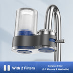 Arenzza faucet water purifier with attached adapters, installed on a kitchen sink, providing clean filtered water.