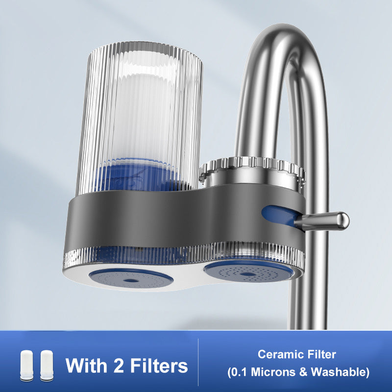 Arenzza faucet water purifier with attached adapters, installed on a kitchen sink, providing clean filtered water.