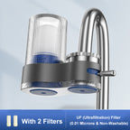 Arenzza faucet water purifier with adapters attached to a kitchen sink for clean drinking water.