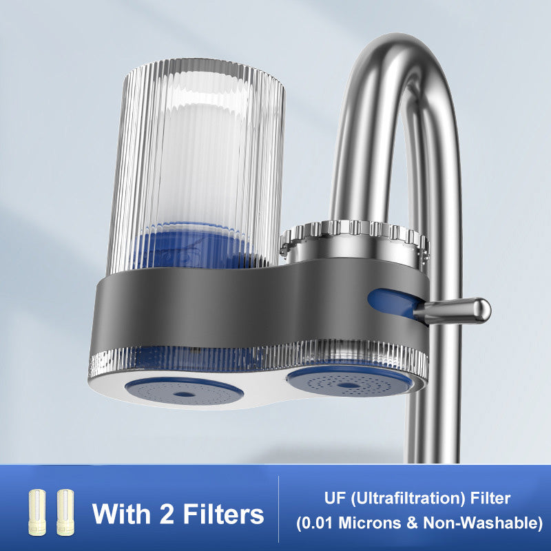 Arenzza faucet water purifier with adapters attached to a kitchen sink for clean drinking water.