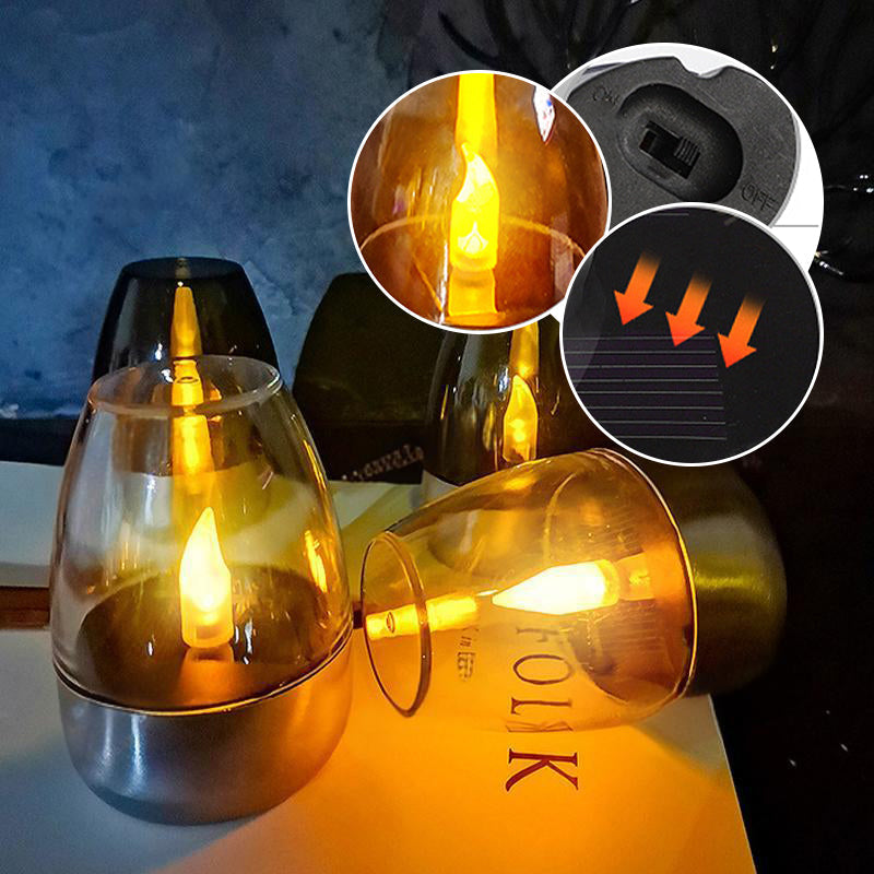 Aarenza solar-powered LED candle light lamp for home décor, showing the candle with flickering LED light in a houseware setting.