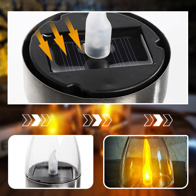 Aarenza solar-powered LED candle light lamp in a houseware setting, showcasing its warm glow and sleek design for eco-friendly lighting.