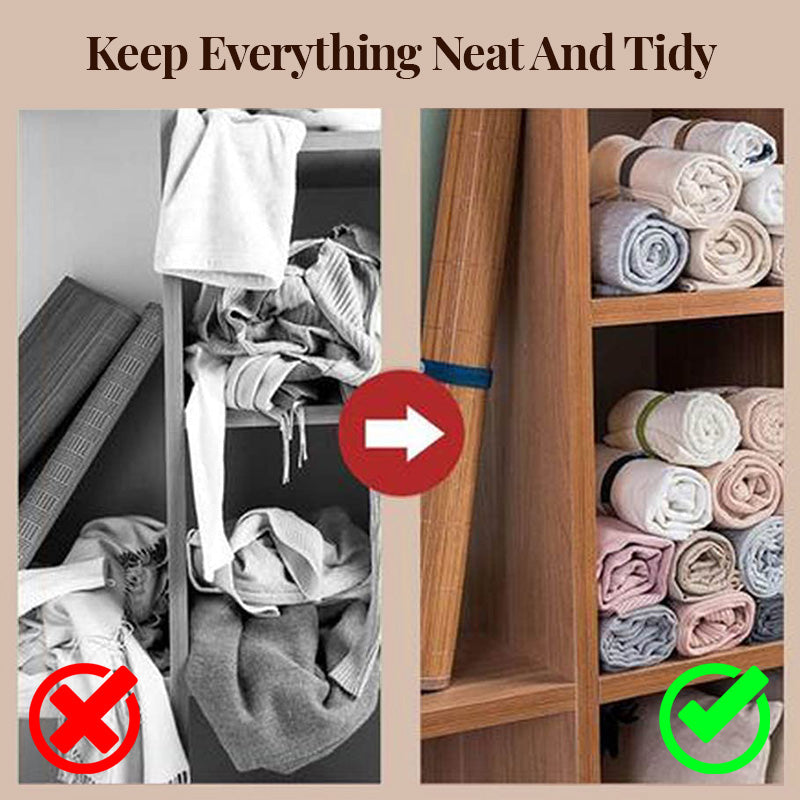 Arenzza bed sheet organizer with elastic bands for neatly storing and securing bed sheets in a houseware and kitchen setting.