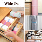 Arenzza Bed Sheet Organizer with elastic bands holding neatly folded bed sheets in a bedroom setting.