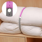 Arenzza bed sheet organizer with elastic bands holding neatly folded bedsheets in a home bedroom setting.