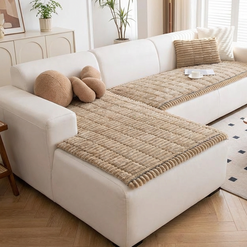 Arenzza quilted corduroy non-slip sofa cushion in beige with textured stitching, designed for comfortable home seating.
