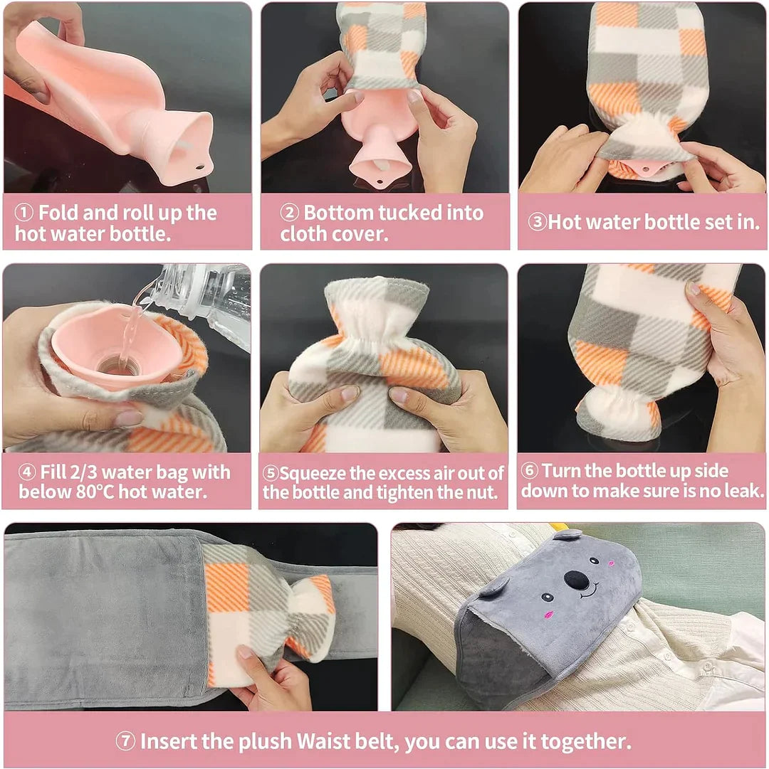 Arenzza plush hot water bottle belt for refilling, soft fabric cover with adjustable straps, designed for cozy home use.