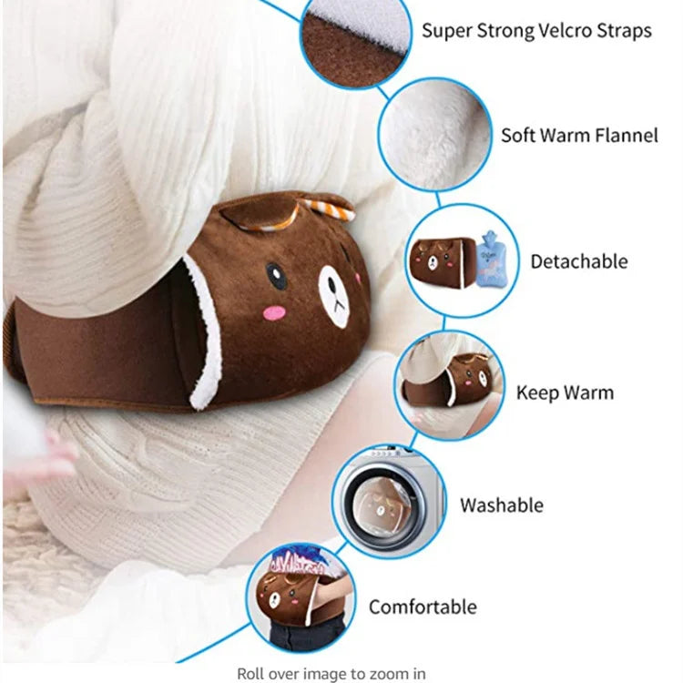 Arenzza plush hot water bottle belt for refilling, soft fabric cover with adjustable strap, ideal for cozy home and kitchen use.
