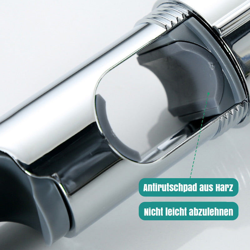 Arenzza no-tool shower holder mounted on a bathroom wall, holding a shower head with a sleek, modern design.