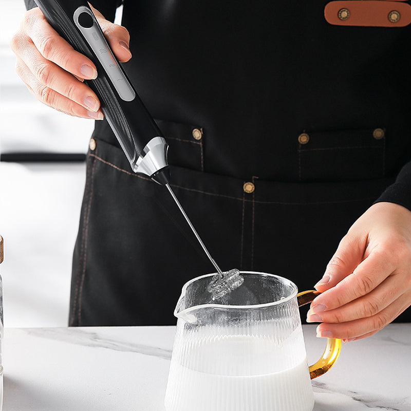 Aarenza mini portable electric frother set for houseware and kitchen, shown with frothing whisk and battery-powered device.
