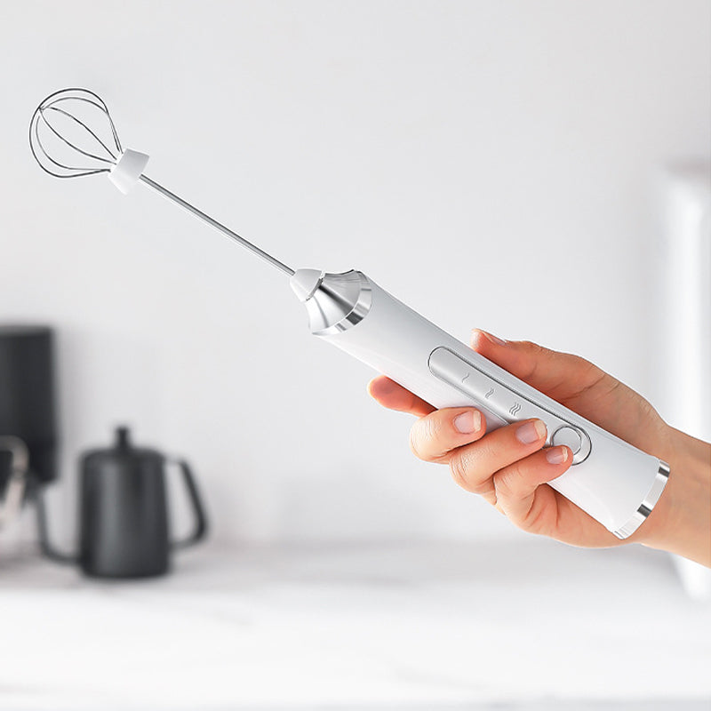 Arenzza mini portable electric milk frother set showing a sleek handheld frother with a stainless steel whisk and a compact carrying case.