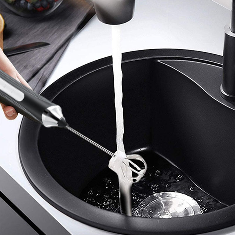 Aarenza mini portable electric frother set for kitchen, featuring a compact handheld frother with a sleek design and stainless steel tip.