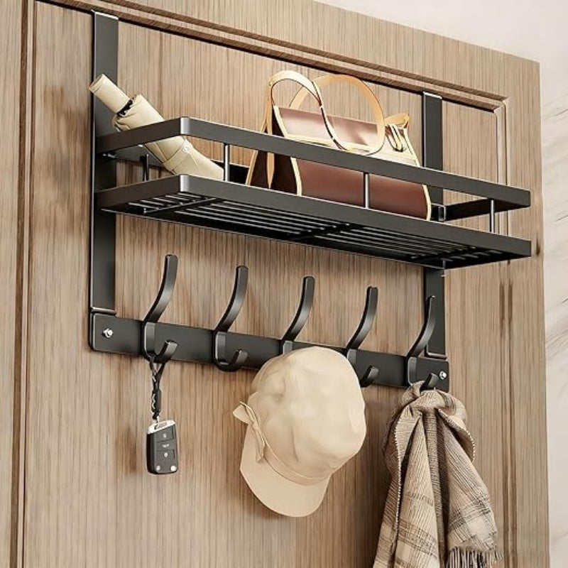 Arenzza over-the-door hook with basket for houseware and kitchen, space-saving, strong, tool-free installation on a door.
