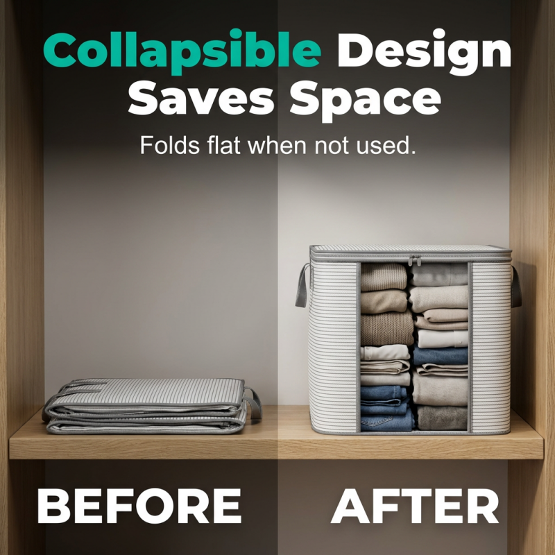 Arenzza large collapsible storage bag with handles, ideal for houseware and kitchen organization, shown in open and folded state.