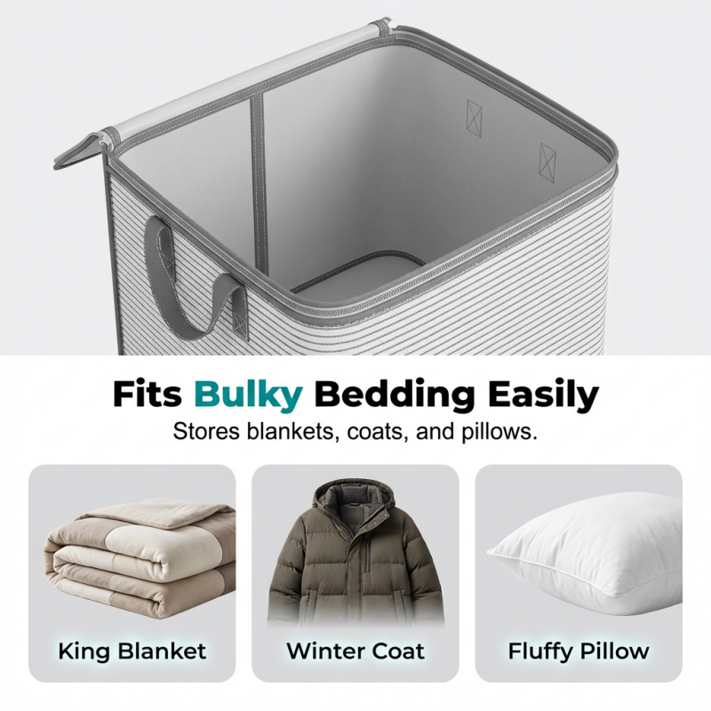 Arenzza large collapsible storage bag with handles, ideal for houseware and kitchen organization, shown in a folded and expanded state.