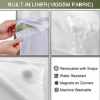 Arenzza waffle pattern shower curtain with beige and white geometric design, hanging in a modern bathroom.