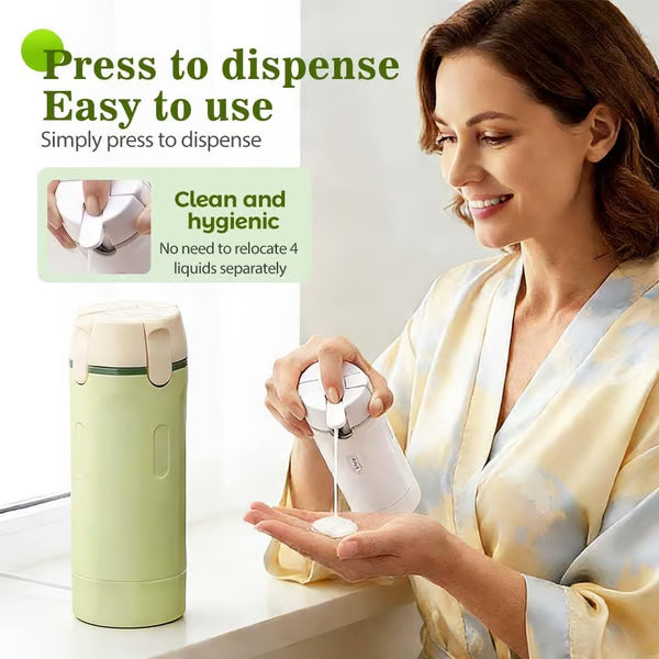 Arenzza 4-in-1 refillable travel dispenser bottles set with clear containers and blue caps for toiletries and liquids.
