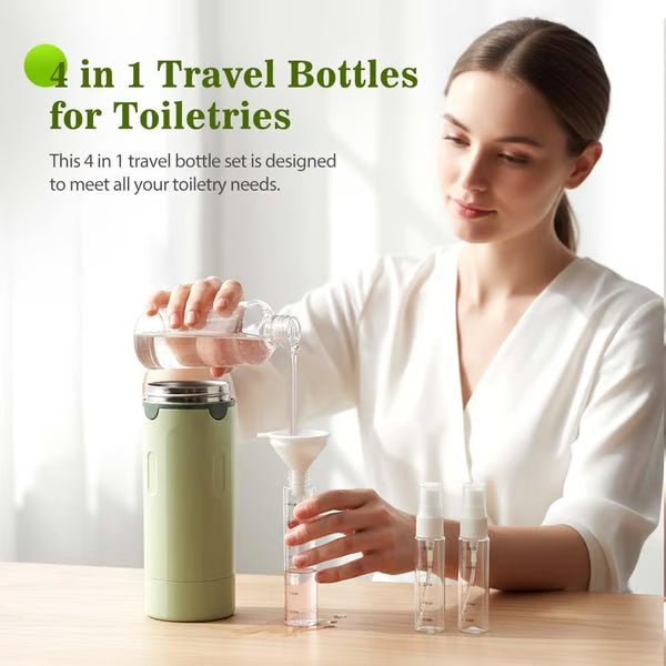 Arenzza 4-in-1 refillable travel dispenser bottles for toiletries, compact houseware and kitchen container set on a neutral background.